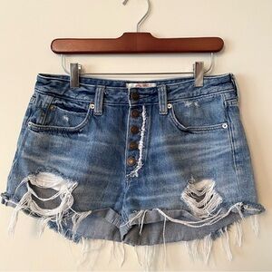 Free People We The Free Distressed Jean Shorts With Holes Pockets Exposed Sz 27